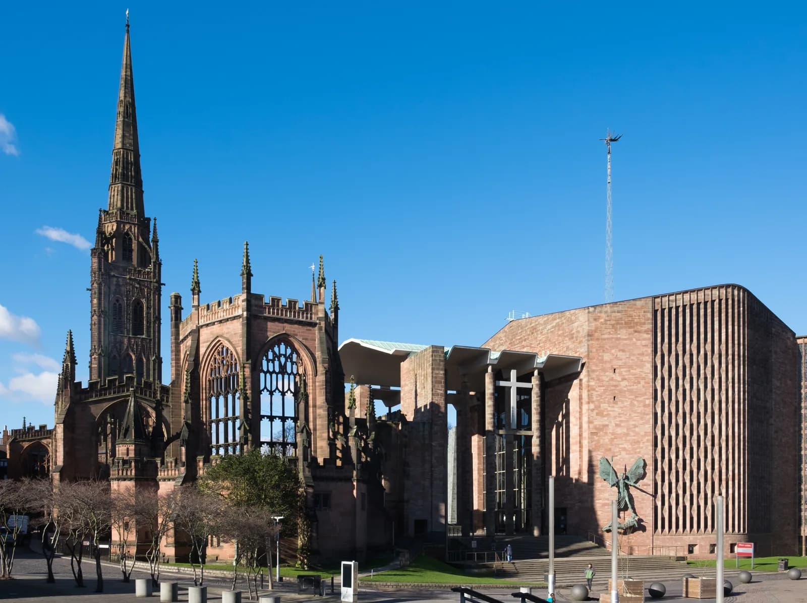 Coventry Cathedral's medieval ruins beside the modern 1960s cathedral building.