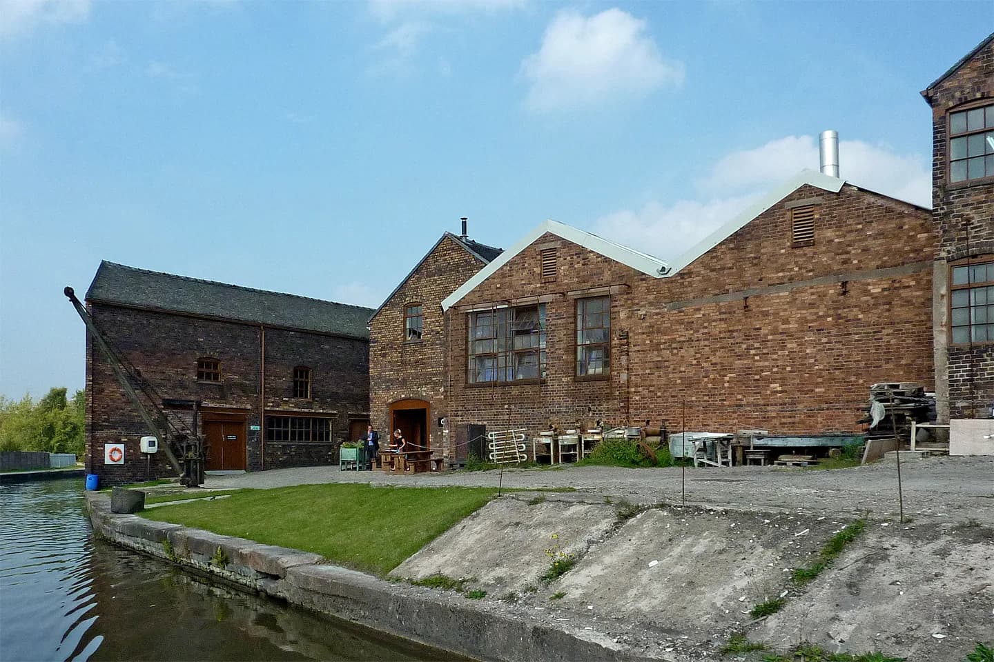 The canalside buildings and bottle kiln at Middleport Pottery in Stoke-on-Trent.
