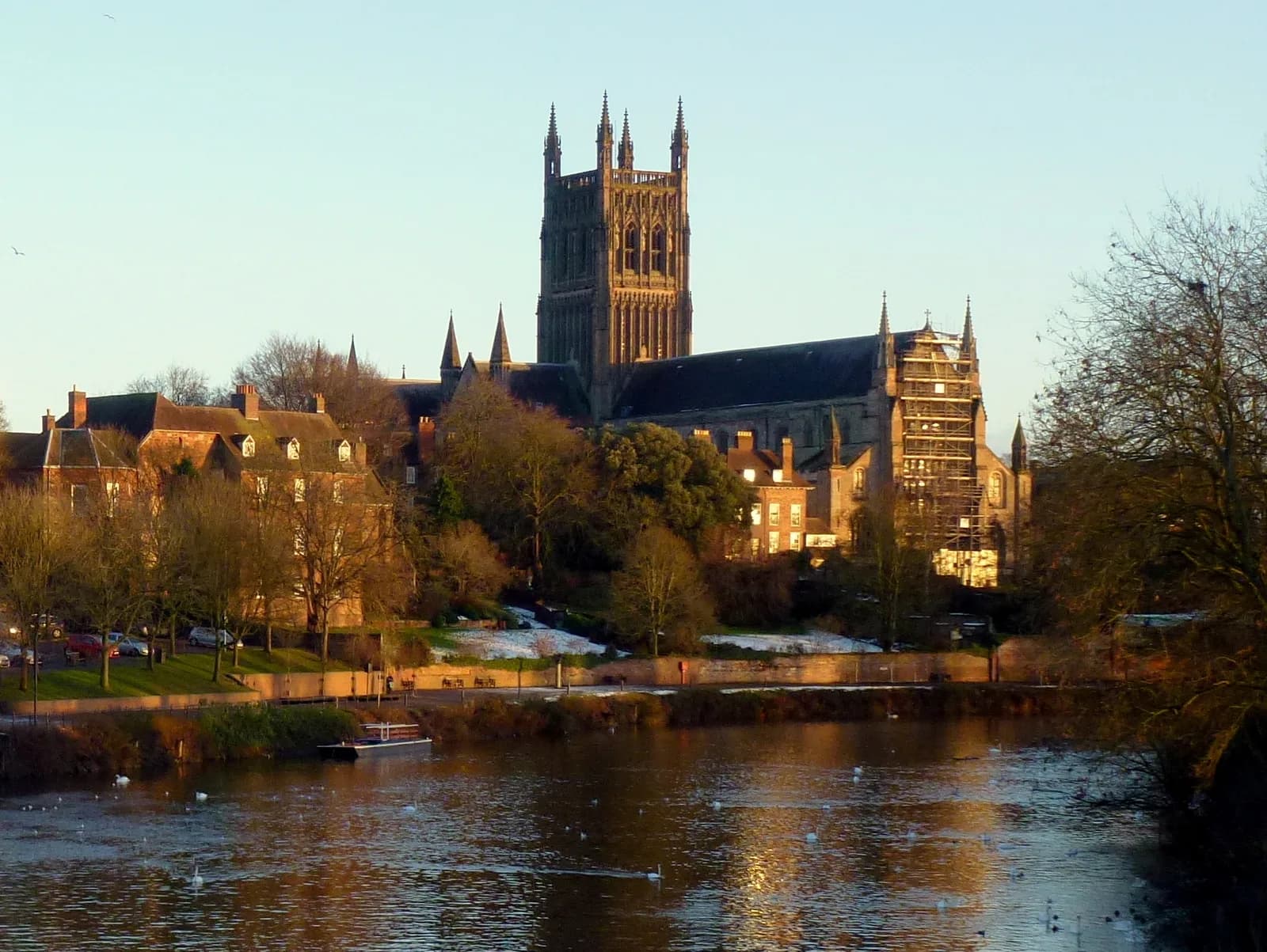 Worcester Cathedral seen across the river from Worcester Bridge.