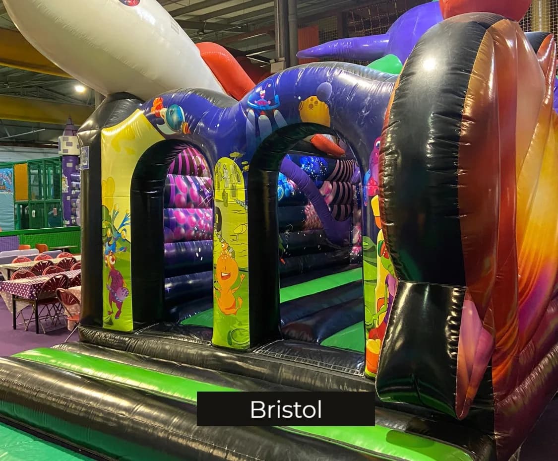 Main indoor play area at Jump Soft Play Centre Bristol with colourful inflatables and soft play frames