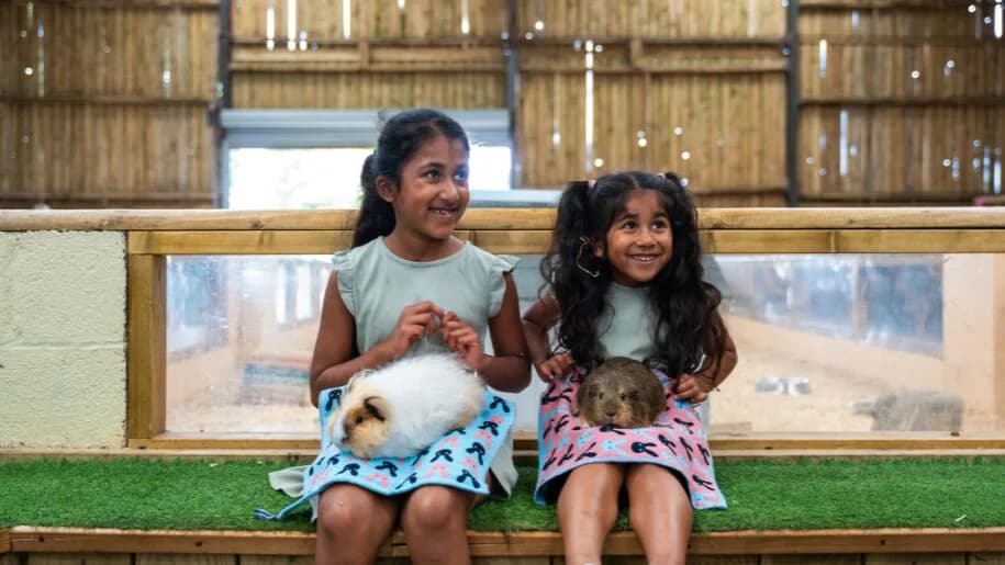 Two girls sitting with guinea pigs at Farmer Palmers Animal Experiences
