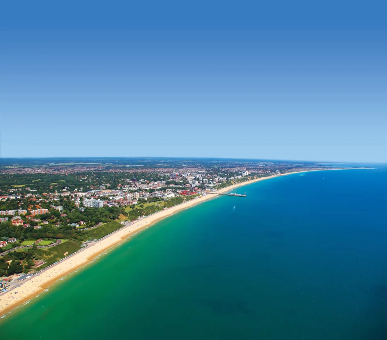 Aerial view of Bournemouth Beach and pier on a sunny day