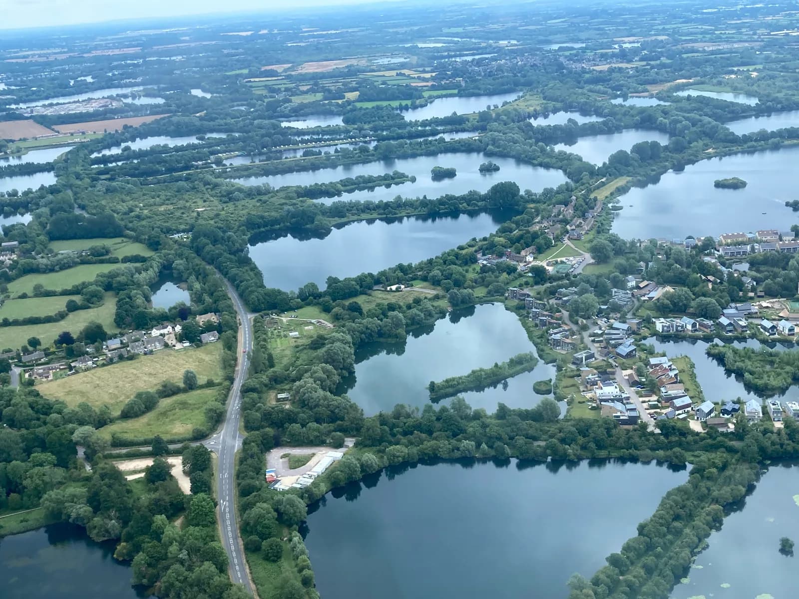 Aerial view of Cotswold Water Park lakes and landscape