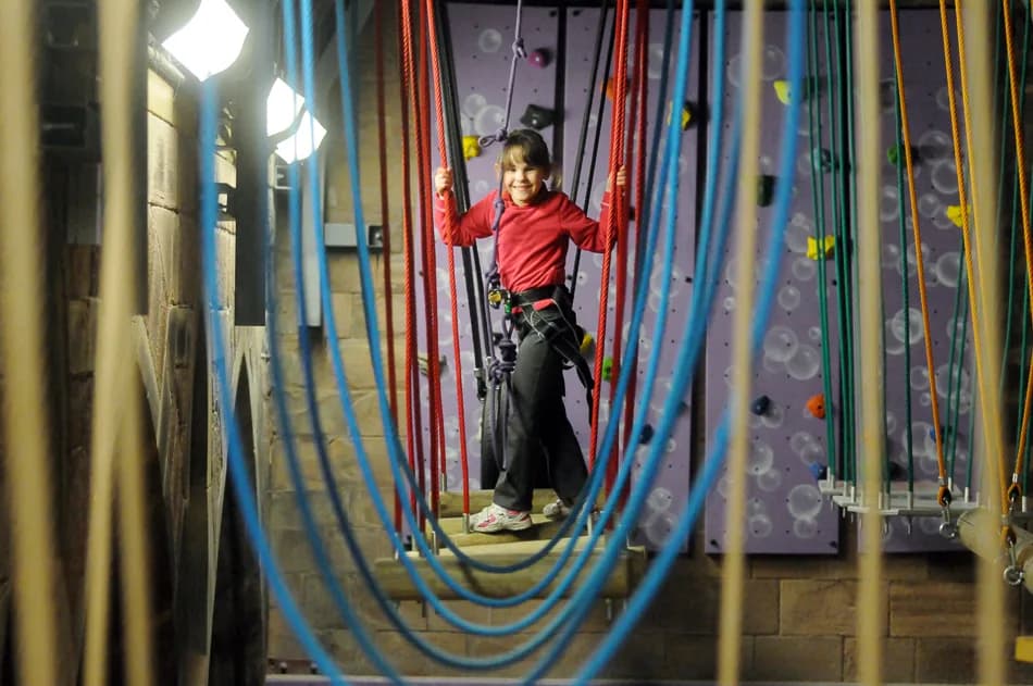 Air Walk aerial obstacle course suspended in the roof space of Alter Rock climbing centre in Derby
