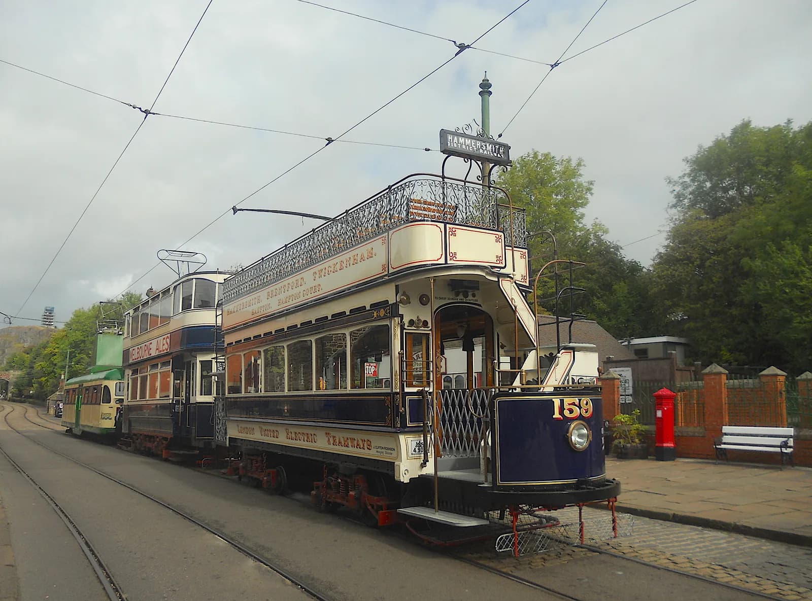 A line up of historic trams at Crich Tramway Village (National Tramway Museum)