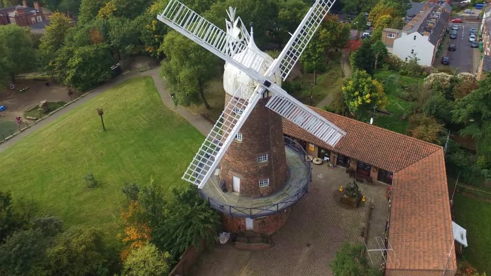An aerial view of Green's Windmill and museum and surrounding area