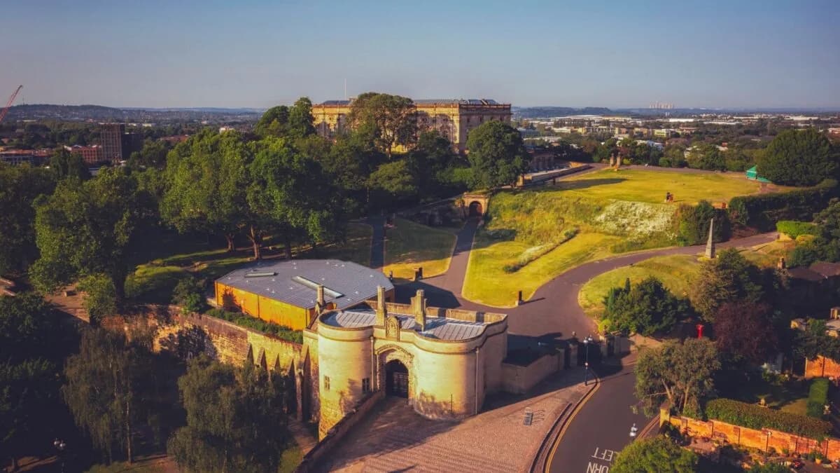 Aerial view of Nottingham Castle ducal mansion, gatehouse and grounds