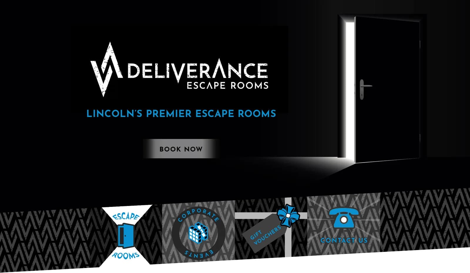 Deliverance Escape Rooms hero image showing escape room interior in Lincoln