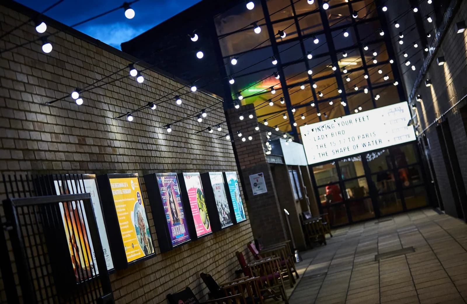 Royal & Derngate theatre entrance on Guildhall Road, Northampton at dusk