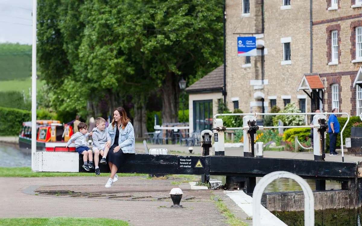 The Canal Museum at Stoke Bruerne - museum buildings, canal lock and narrowboat
