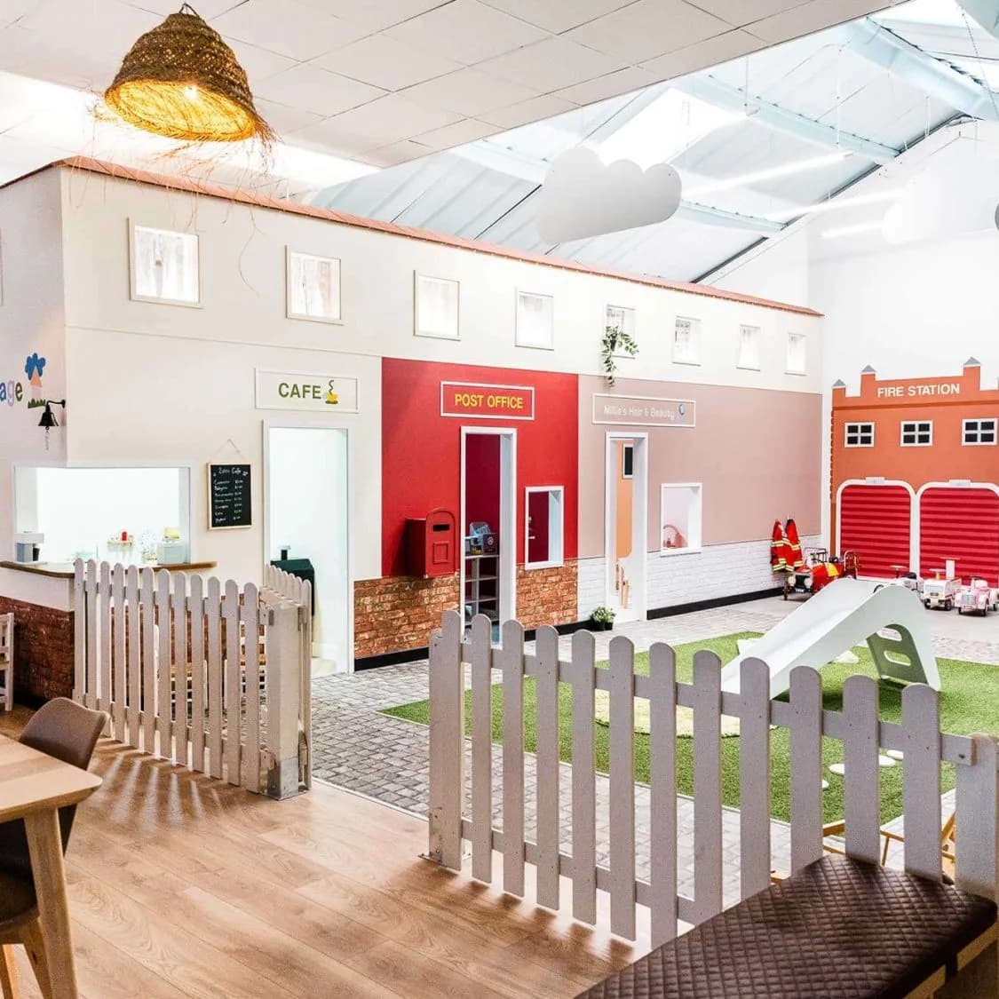 Indoor role-play village with cafe, post office and fire station at Little Play Village