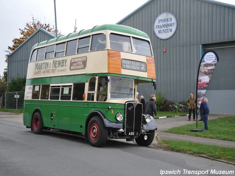 Vintage double-decker bus ADX 1 outside Ipswich Transport Museum
