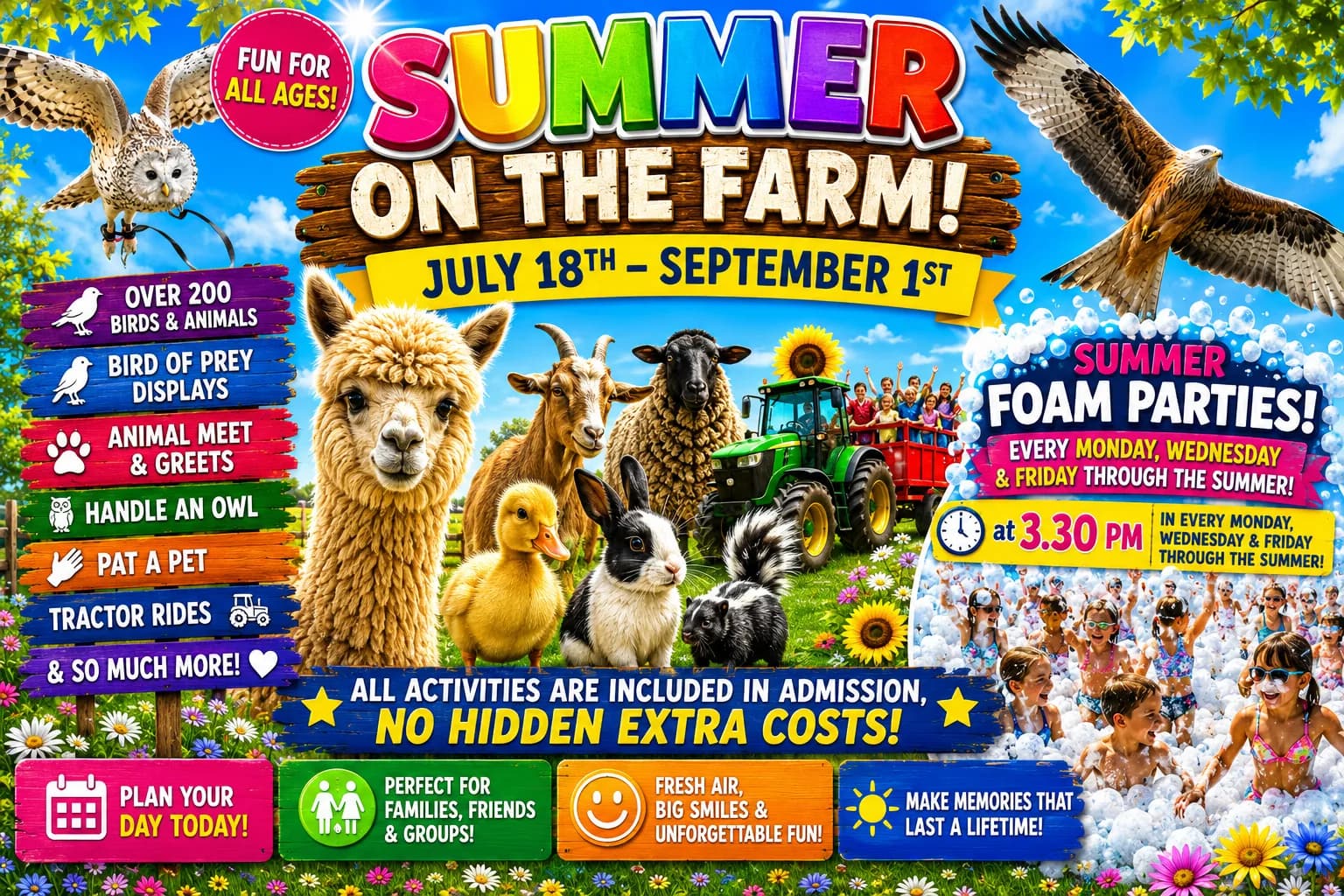 Herrings Green Activity Farm summer banner with birds of prey and farm animals