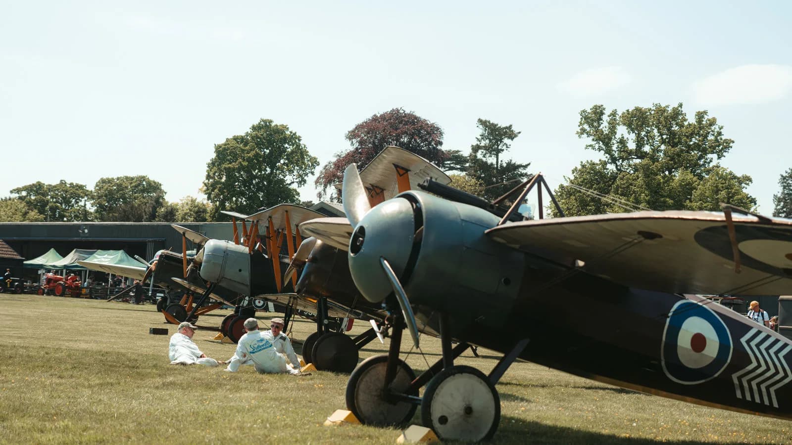 Vintage biplanes lined up on the grass airfield at Shuttleworth Collection, Old Warden