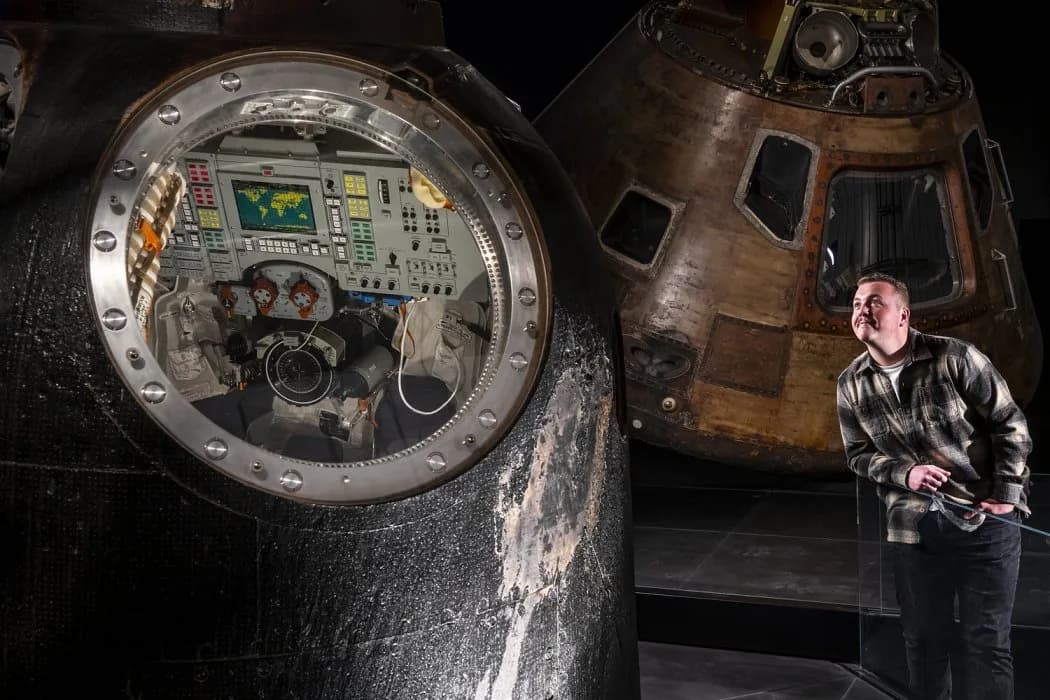 Apollo 10 and Soyuz spacecraft displayed together in the Science Museum Space gallery