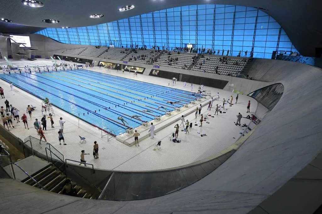 The London Aquatics Centre pool hall at Queen Elizabeth Olympic Park, Stratford