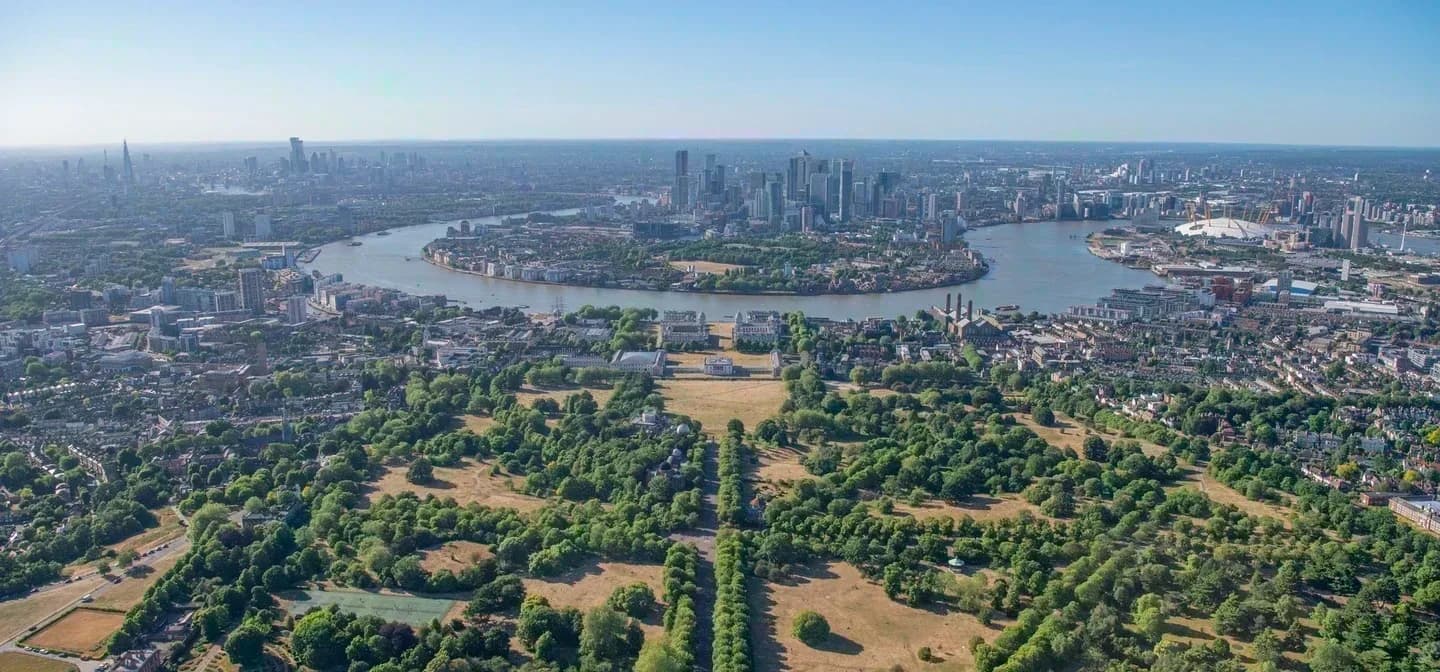 Aerial view of Greenwich Park and the Isle of Dogs