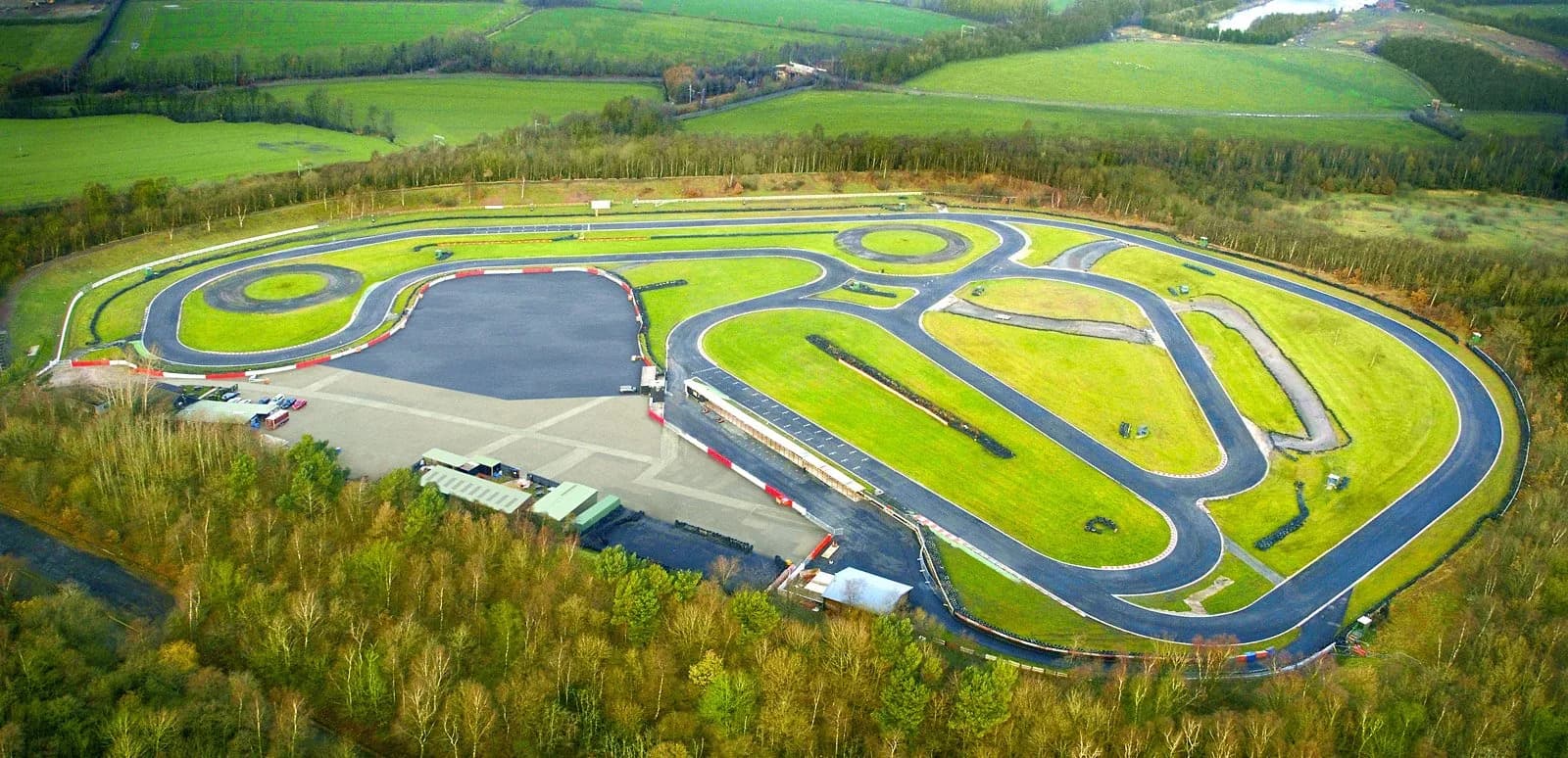 Aerial view of Three Sisters Circuit outdoor race track, Wigan