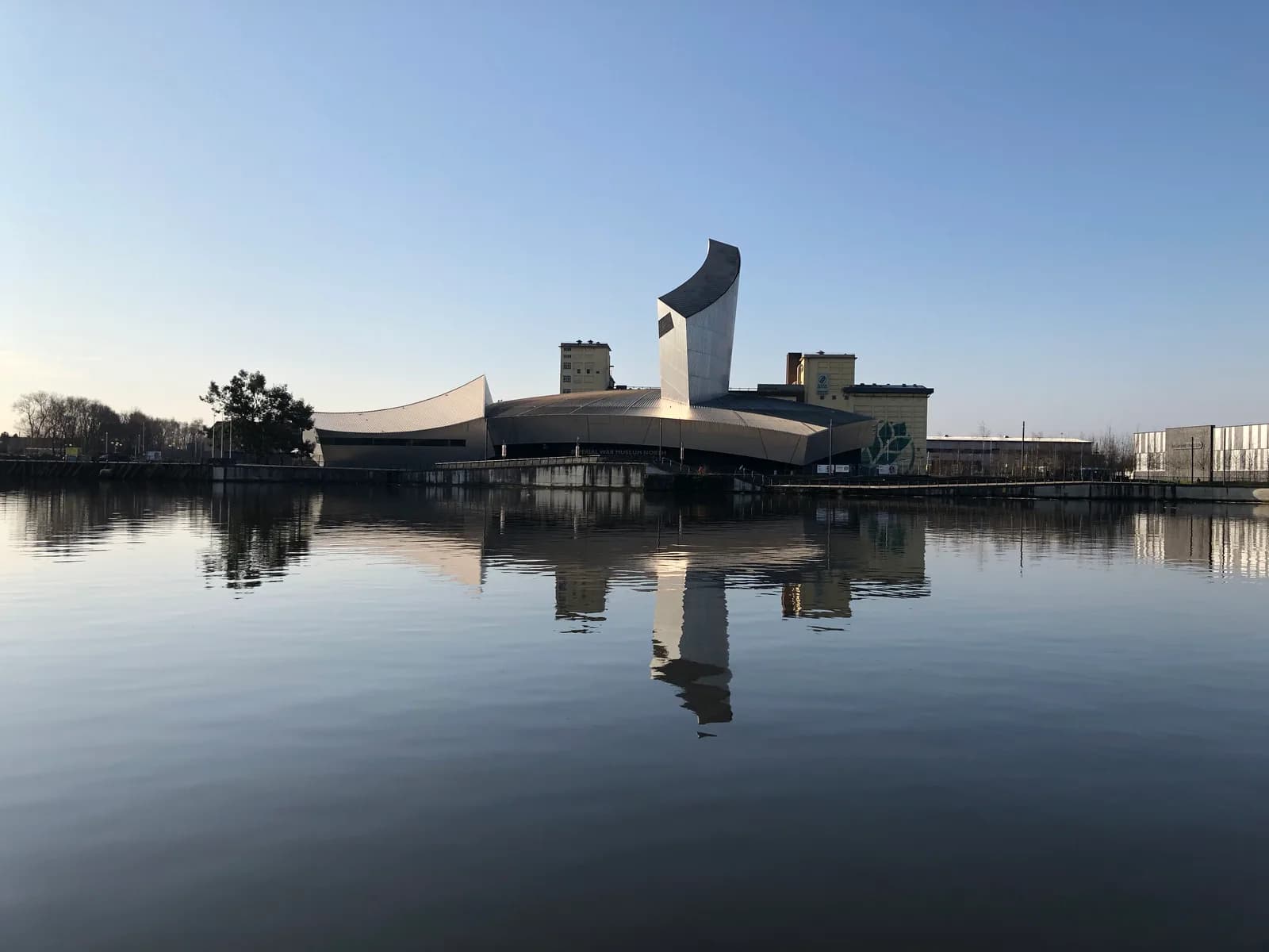 Exterior view of the iconic aluminium-clad Imperial War Museum North building at The Quays, Manchester