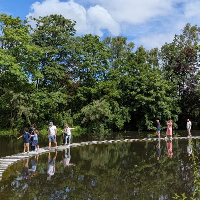 Families walking across Europe's longest stepping stones at WWT Martin Mere