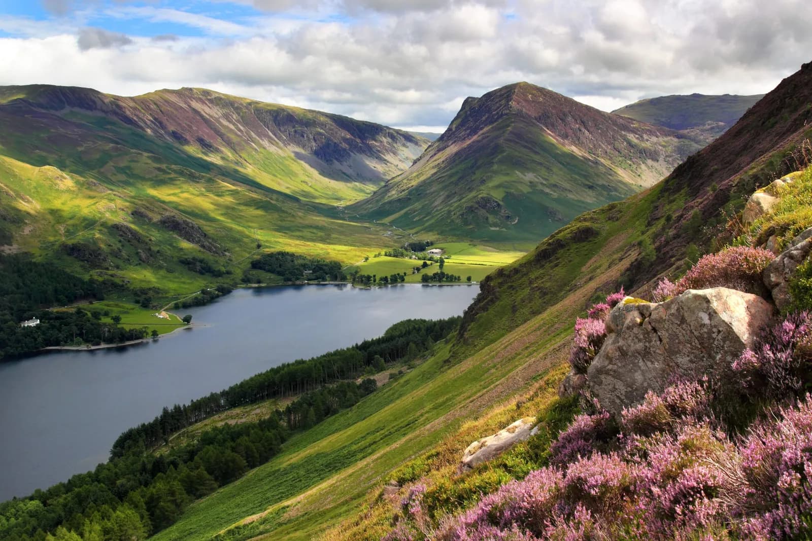Valley landscape in summer with lush green fell slopes, woodland and pink heather. Lake at bottom of the valley