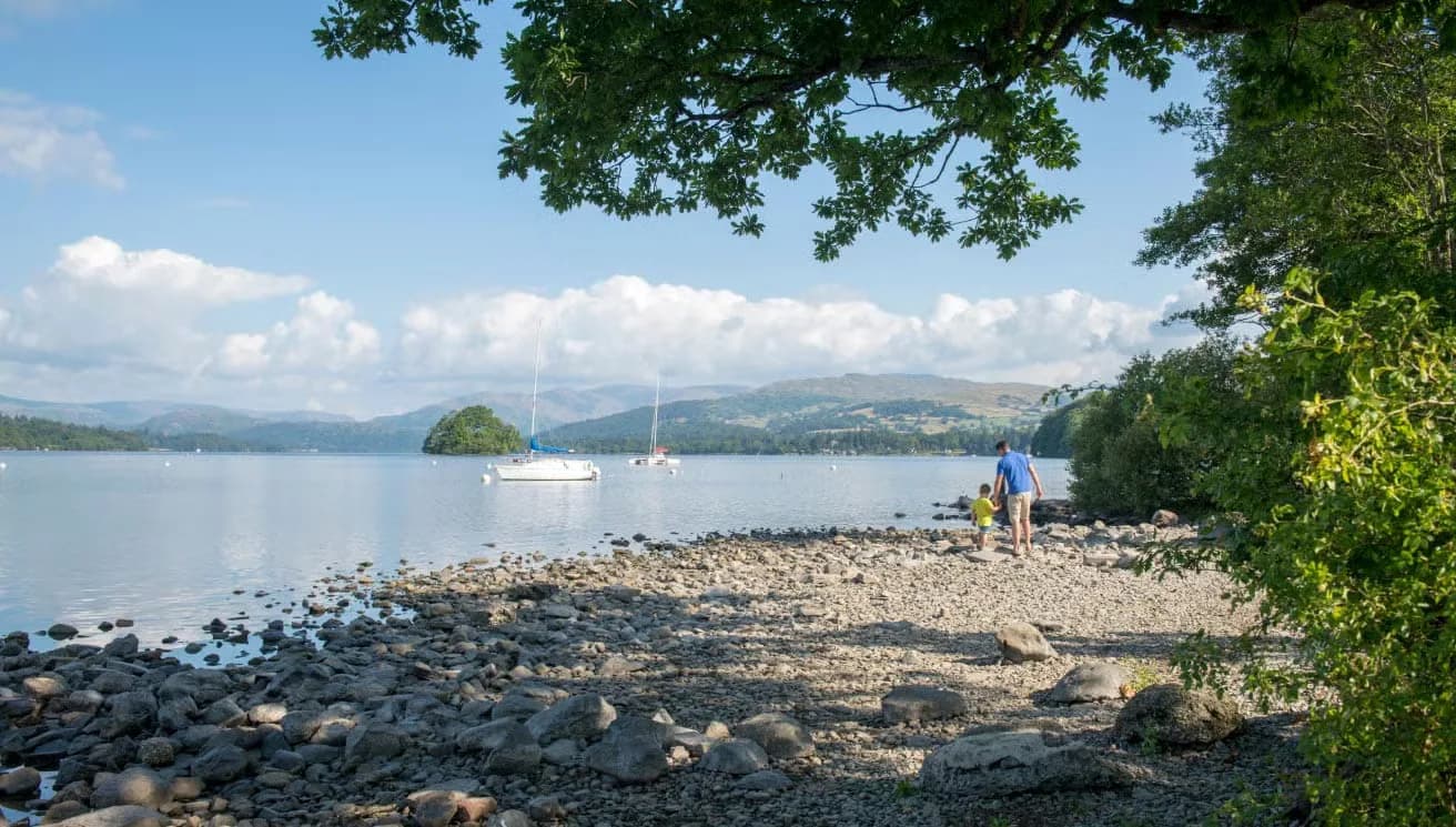 Man and child looking at boats on Lake Windermere