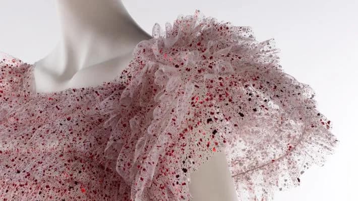 Ulster Museum exhibit — delicate ruffled garment embellished with red sequins, displayed on a mannequin