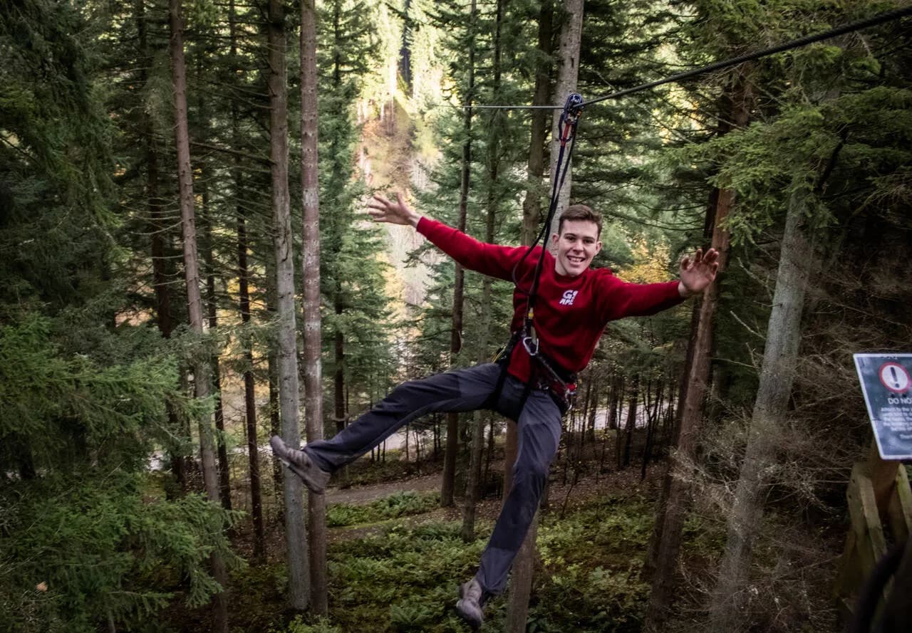 Go Ape Glentress Forest - high ropes course in the trees with zip wires in the Tweed Valley near Peebles