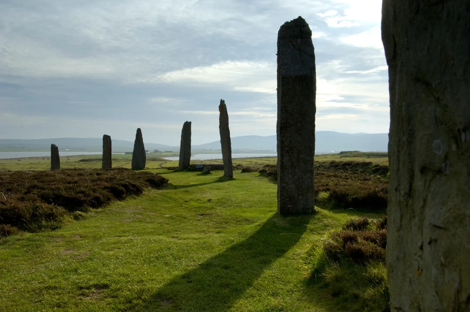 Ring of Brodgar stone circle with long shadows on grass
