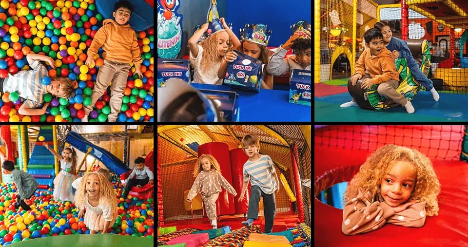 Fuzzy Ed's soft play collage showing slides, ball pits and climbing areas at Hare and Hounds Birmingham