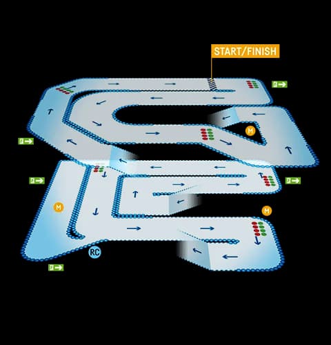 Track map of TeamSport Stoke's 500m multi-level indoor go-karting circuit