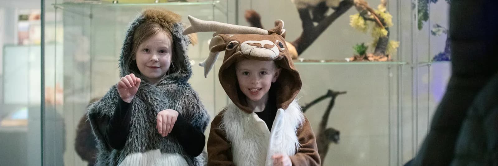 Children in animal costumes exploring natural history displays at Weston Park Museum