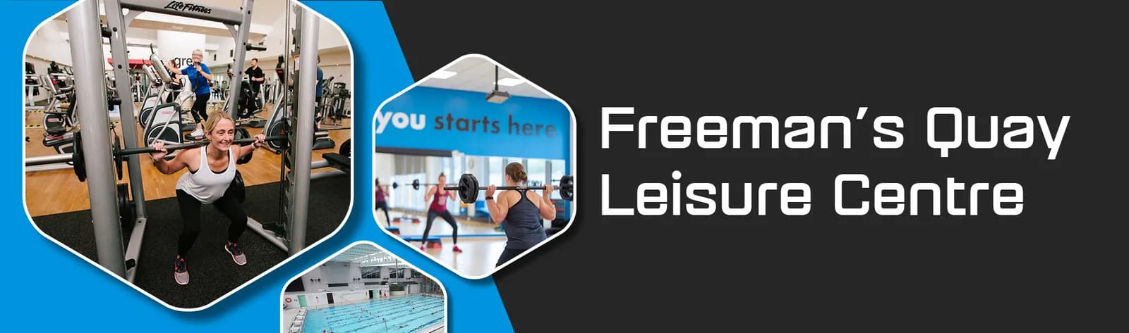 Freeman Quay Leisure Centre promotional banner showing gym, exercise studio and swimming pool
