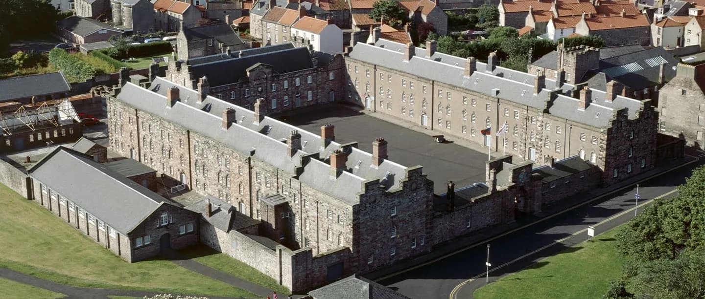 Aerial view of the U-shaped Berwick Barracks complex with its parade ground, built 1717-1721 to the design of Nicholas Hawksmoor
