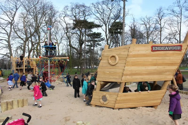 Stewart Park childrens play area with climbing frame shaped like Captain Cooks ship HMS Endeavour