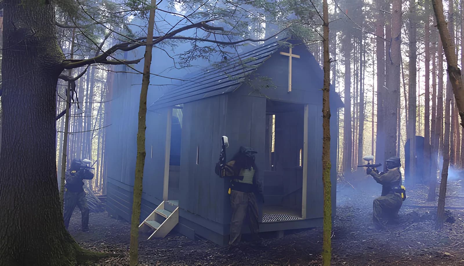Delta Force Paintball Newcastle centre - woodland paintball venue with armoured personnel carrier at base camp
