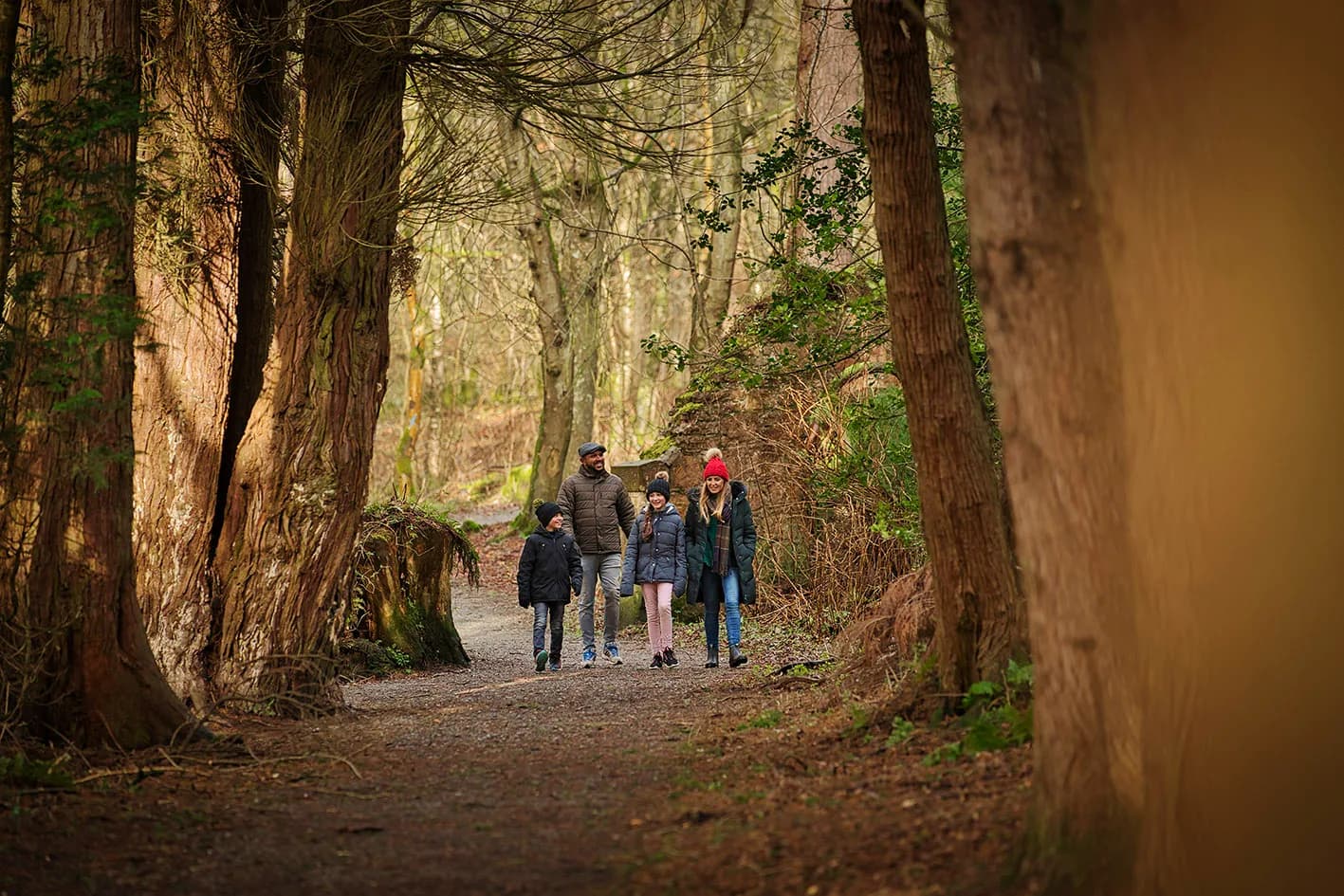 Family walking on a woodland trail through Drum Manor Forest Park