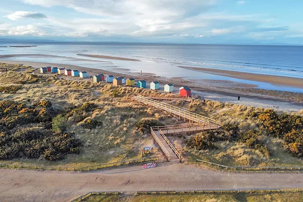 Findhorn Beach with colourful beach huts and ramp