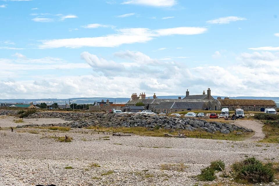 The village of Spey Bay at the mouth of the River Spey, showing the Moray Firth Wildlife Centre