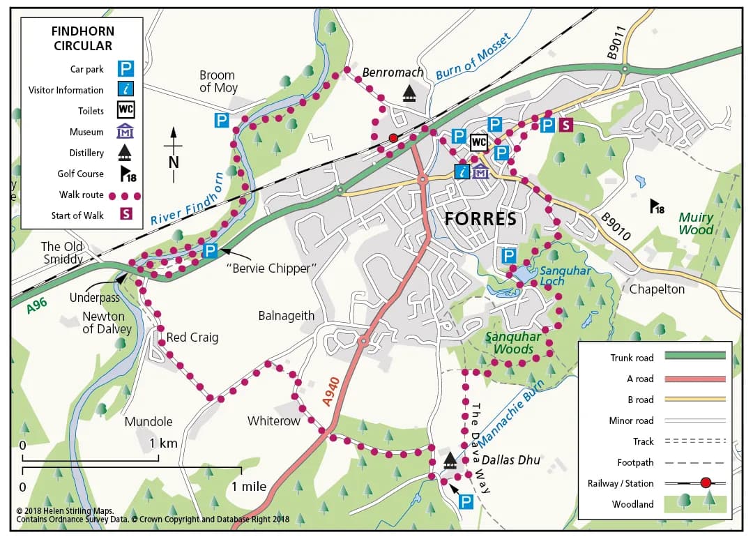 River Findhorn Circular walk route map through Findhorn Valley near Forres