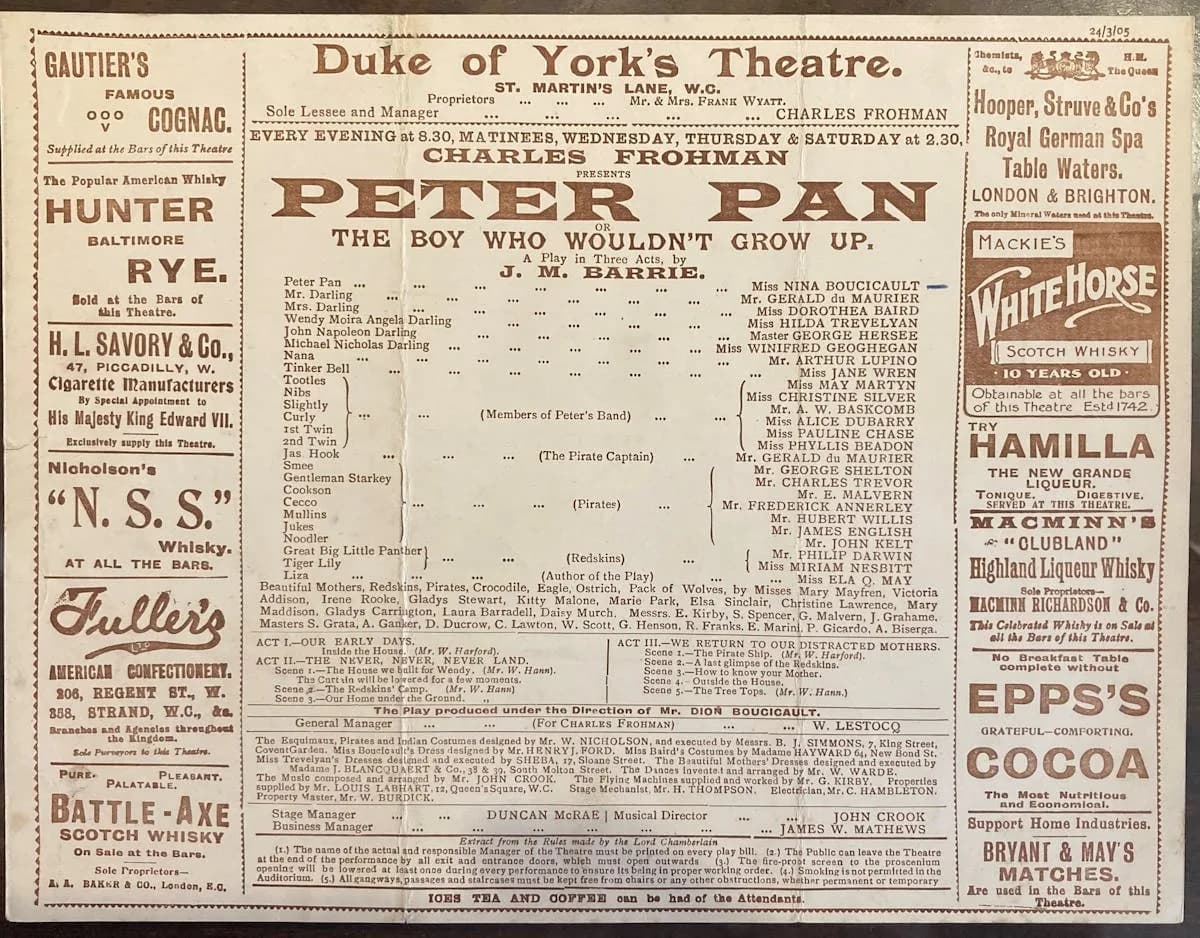 Programme from the first performance of Peter Pan in London 1905 at J M Barrie's Birthplace