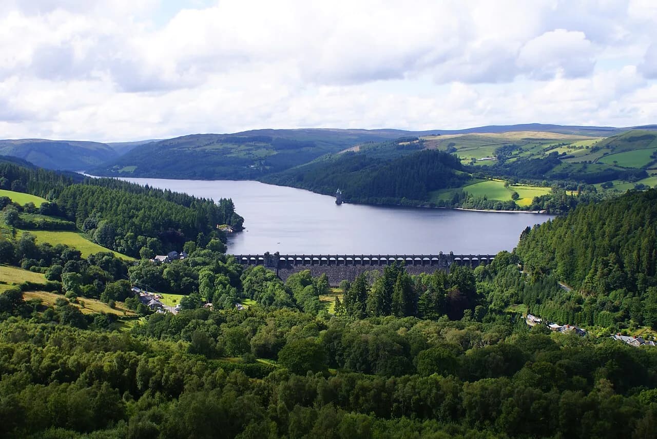View overlooking Lake Vyrnwy showing the full extent of the lake and surrounding hills