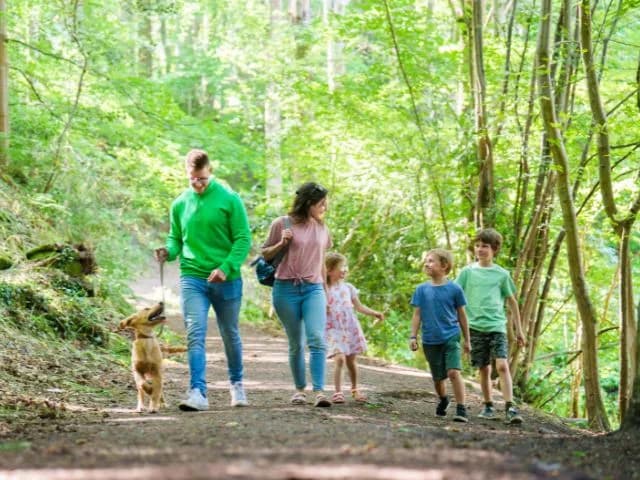 Family walking with a dog along a woodland trail at Dalkeith Country Park