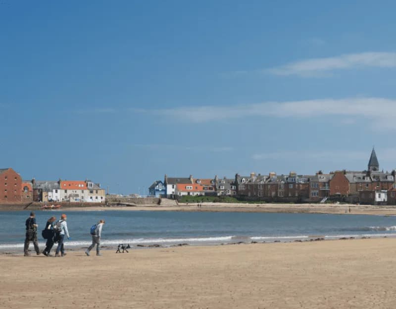 West Beach at North Berwick with sand, sea and the town behind