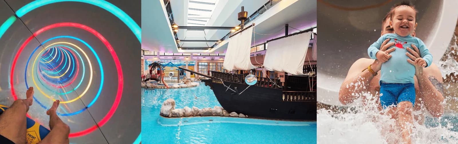 The Coralie pirate ship, slides and splash areas at Coral Reef Waterworld, Bracknell