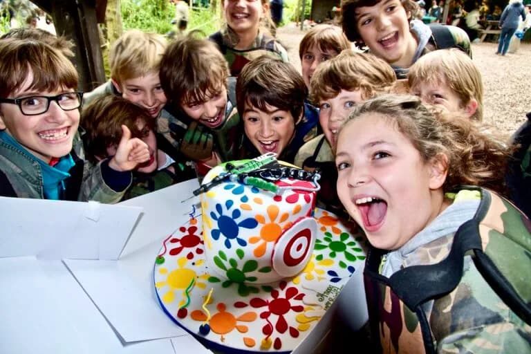 Children celebrating a paintball birthday party at Campaign Paintball & Laser Park in Cobham
