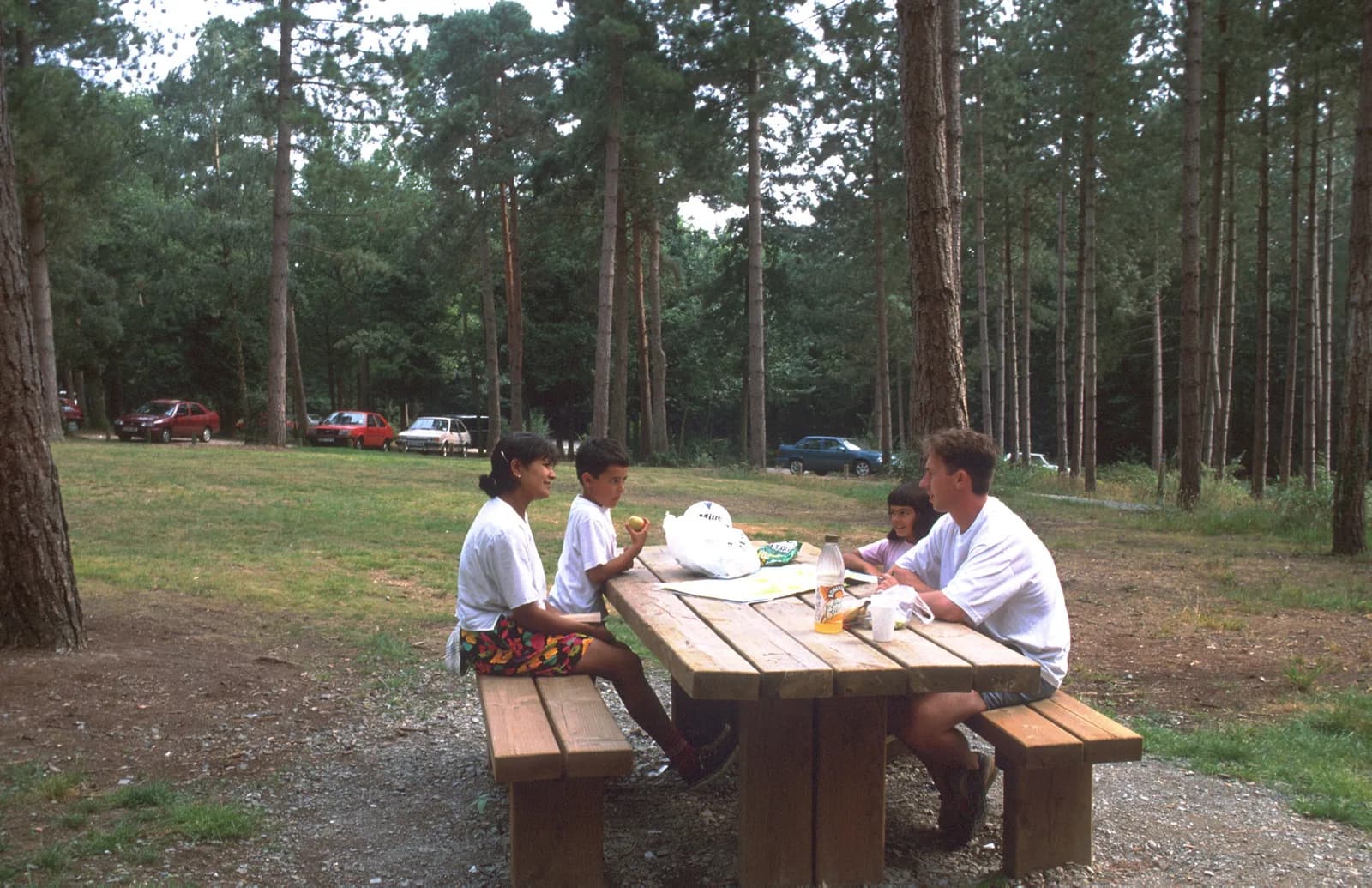 A family enjoys a picnic at a wooden picnic table in Parkhurst Forest.