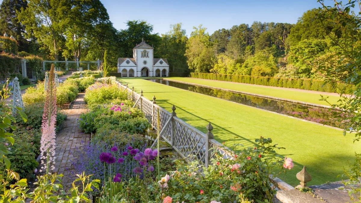 The Pin Mill and terraced gardens at Bodnant Garden, Conwy, North Wales in summer