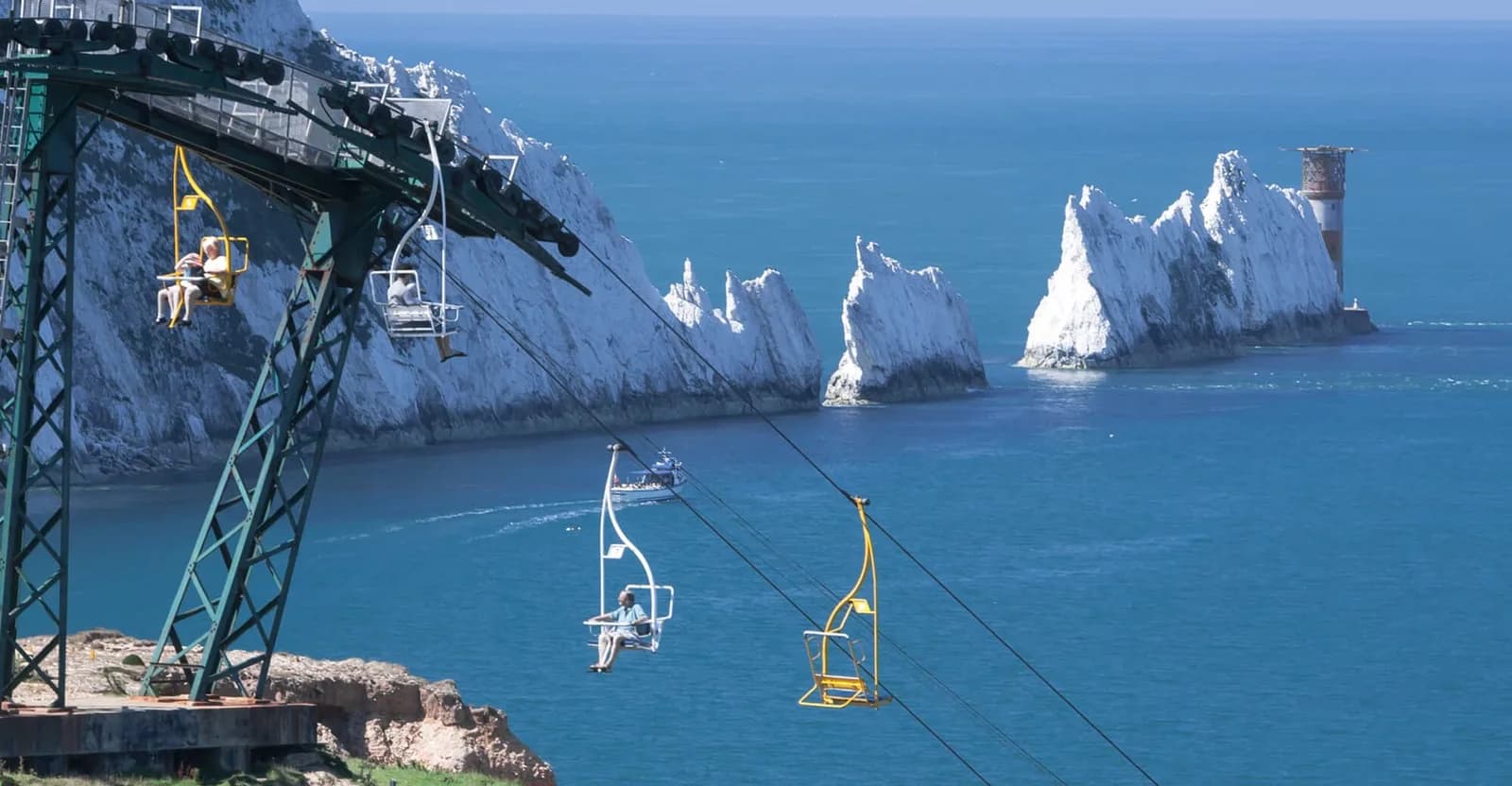 The Needles Chairlift carrying visitors down to Alum Bay beach, Isle of Wight