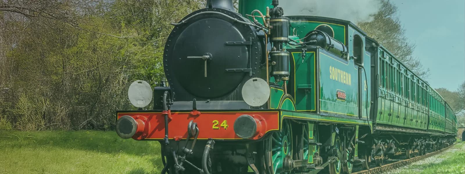 Heritage steam train (SOUTHERN no. 24) pulling green carriages through Isle of Wight countryside at the Isle of Wight Steam Railway